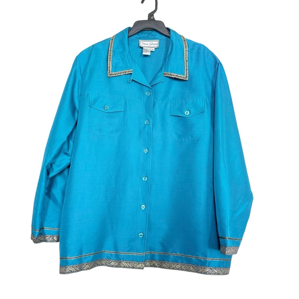 Diane Gilman Women’s Sz 2X Silk Turquoise Blouse/Jacket Gold Trim NWT